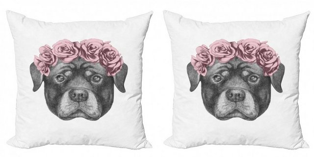 Kissenbezüge Modern Accent Doppelseitiger Digitaldruck, Abakuhaus (2 Stück), Rottweiler Portrait von Hund in Roses