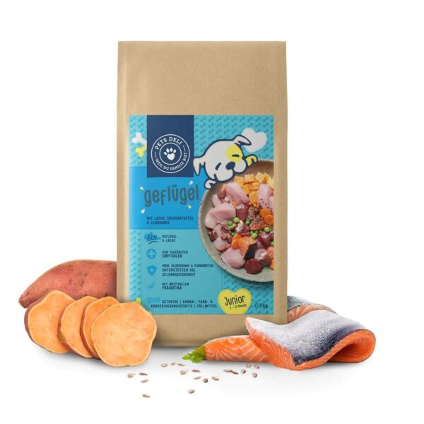 PetsDeli Premium Trockenfutter Junior Huhn mit Lachs für Welpen und Junghunde