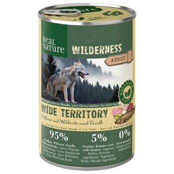 REAL NATURE WILDERNESS Nassfutter für Hunde Adult Wide Territory Feldhase mit Wildente und Forelle 12x400 g