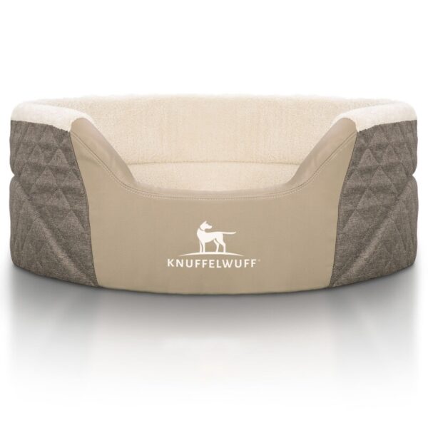 Knuffelwuff Orthopädisches Hundebett Lena aus Velours und Kunstleder mit hohem Schaumstoffrand braun/ beige M-L