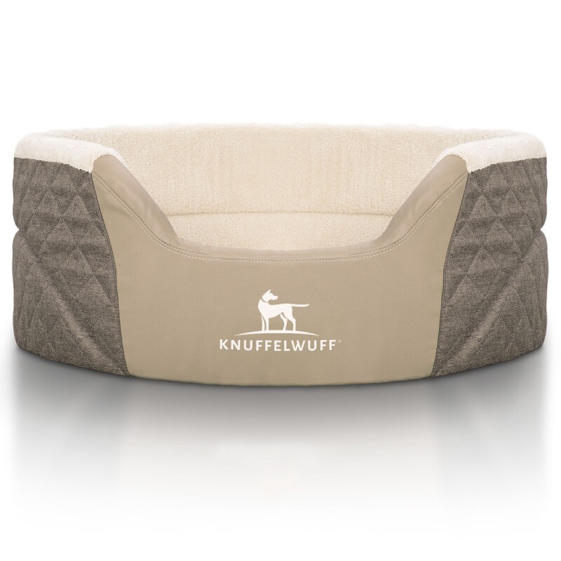 Knuffelwuff Orthopädisches Hundebett Lena aus Velours und Kunstleder mit hohem Schaumstoffrand braun/ beige M-L