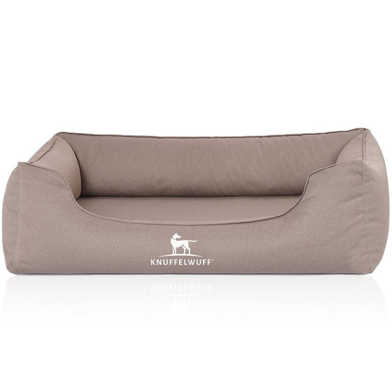 Knuffelwuff Orthopädisches Wasserabweisendes Hundebett Leon aus Velours mit Handwebcharakter beige/ grau M-L