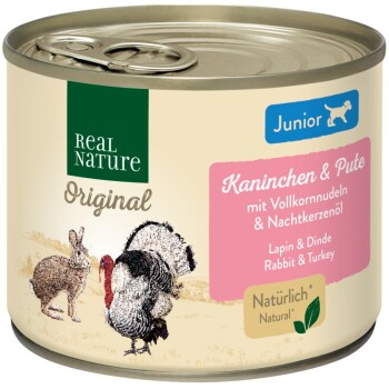 REAL NATURE Original Nassfutter für Hunde Junior Kaninchen & Pute 12x200 g