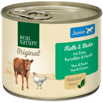 REAL NATURE Original Nassfutter für Hunde Junior Geflügel & Kalb 24x200 g