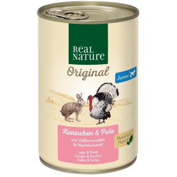 REAL NATURE Original Nassfutter für Hunde Junior Kaninchen & Pute 12x400 g