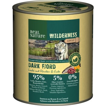 REAL NATURE WILDERNESS Nassfutter für Hunde Adult Dark Fjord Lachs mit Rentier & Ente 24x800 g