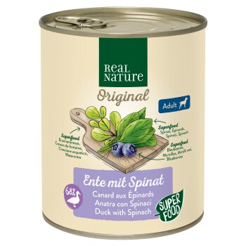 REAL NATURE Original Superfood Nassfutter für Hunde Adult Ente mit Spinat 12x800 g