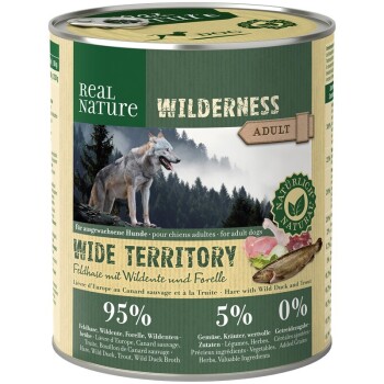 REAL NATURE WILDERNESS Nassfutter für Hunde Adult Wide Territory Feldhase mit Wildente und Forelle 24x800 g