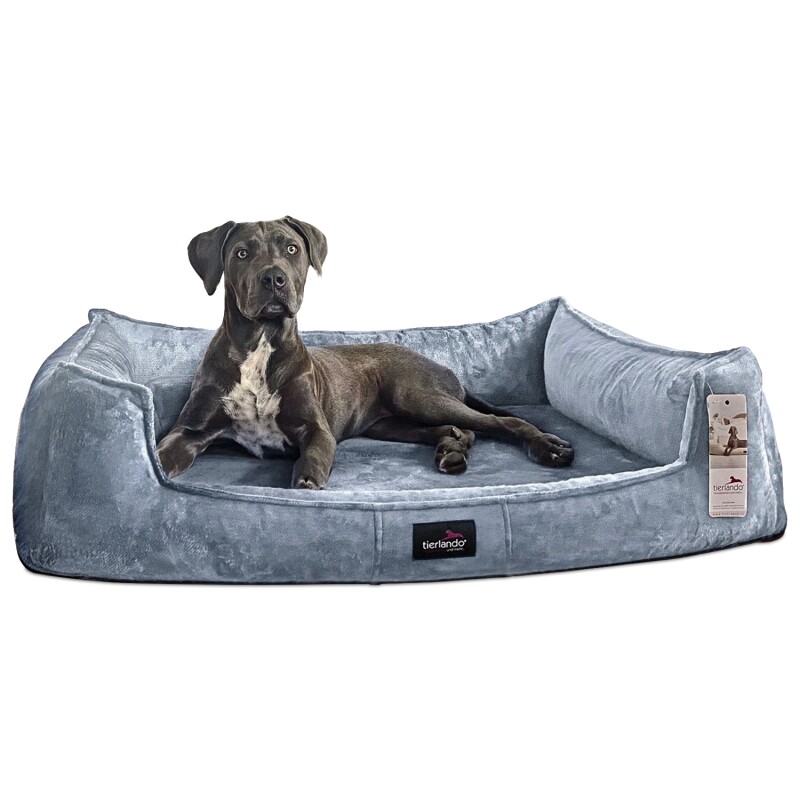 Tierlando ® Orthopädisches Hundebett FRANKLIN Kuscheliger Teddy-Stoff - Hundesofa blau/ grau 90 cm