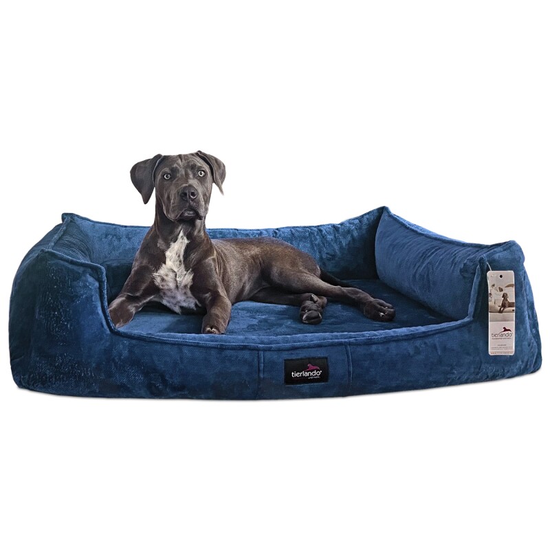 Tierlando ® Orthopädisches Hundebett FRANKLIN Kuscheliger Teddy-Stoff - Hundesofa blau 1