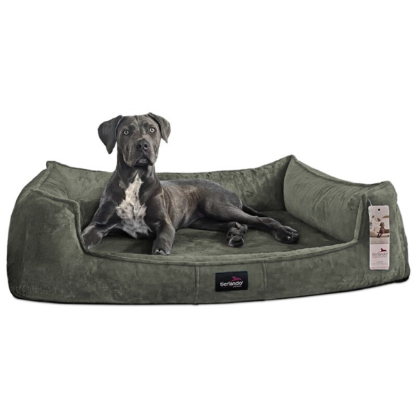 Tierlando ® Orthopädisches Hundebett FRANKLIN Kuscheliger Teddy-Stoff - Hundesofa dunkles olivgrün 1