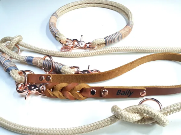 Halsbandset BAILY in beige mit Gravur | Auswahl: Halsband + Leine | Beschläge: Messing