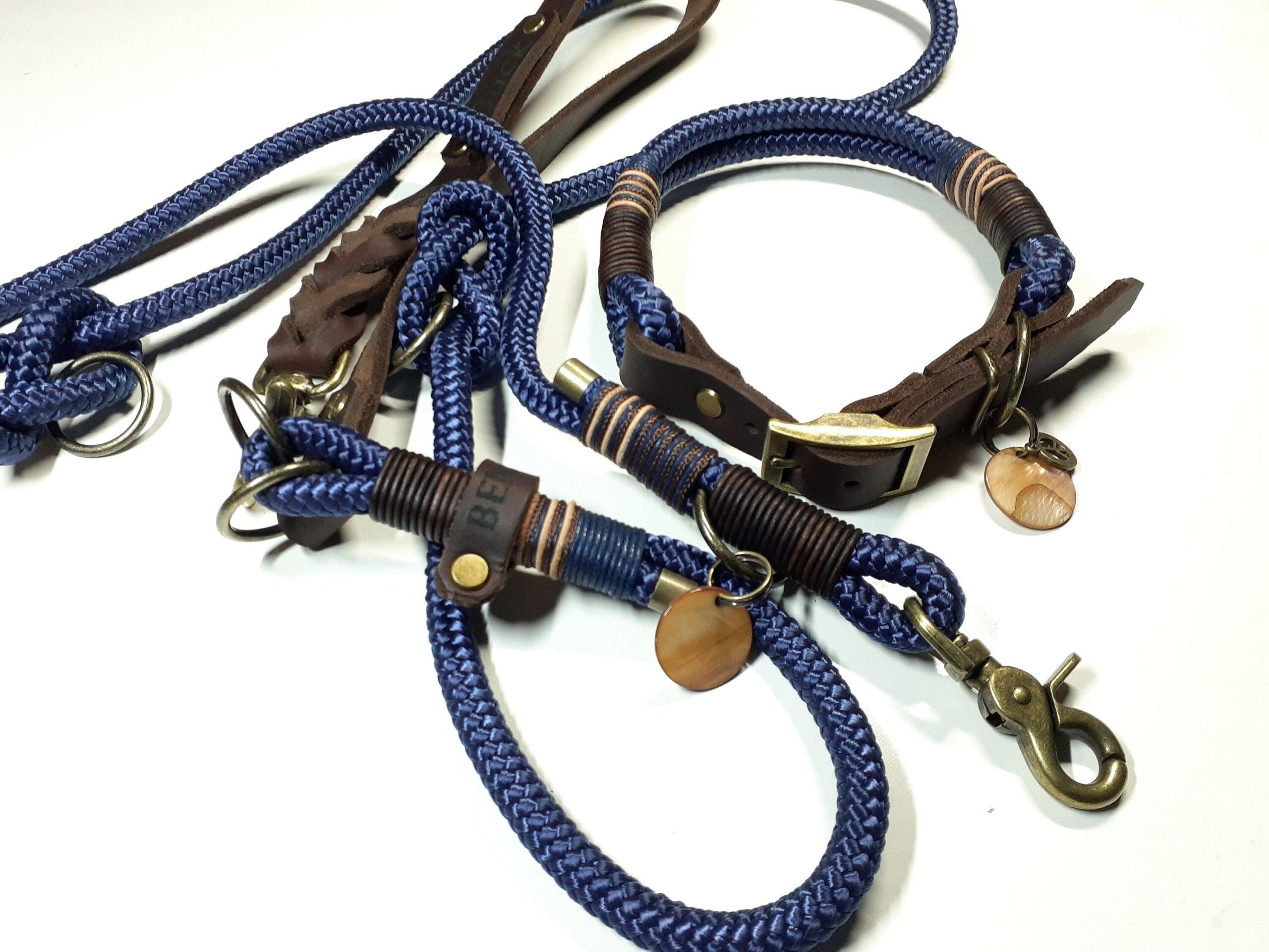 Halsbandset BUCK in navy mit Gravur | Auswahl: Halsband + Leine | Beschläge: Messing