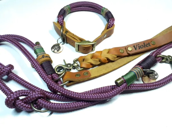 Halsbandset VIOLET in lila mit Gravur | Auswahl: Halsband + Leine | Beschläge: Messing