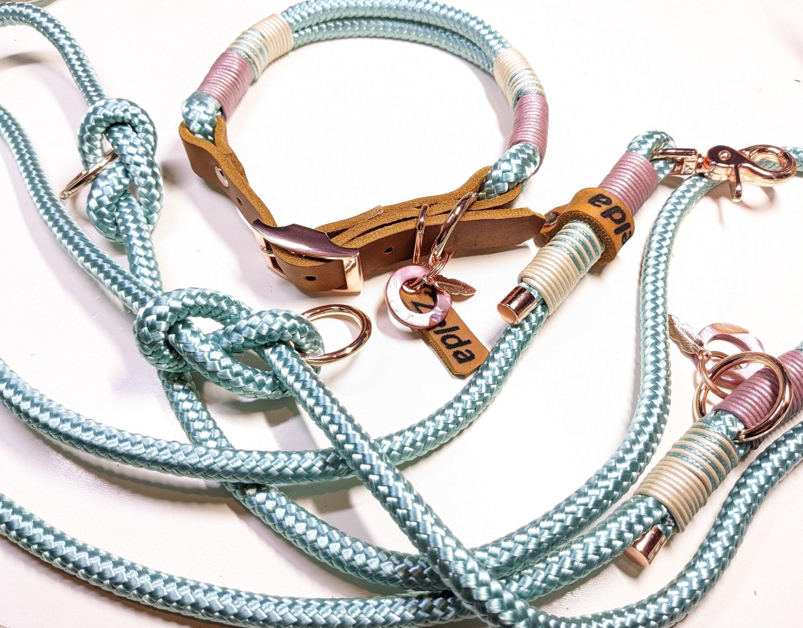 Halsbandset ZELDA in mint | Auswahl: Halsband + Leine | Beschläge: Messing