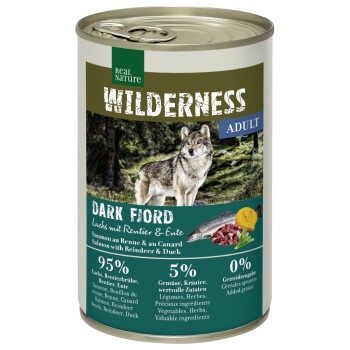 REAL NATURE WILDERNESS Nassfutter für Hunde Adult Dark Fjord Lachs mit Rentier & Ente 12x400 g