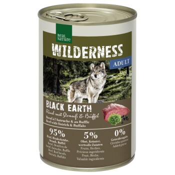 REAL NATURE WILDERNESS Nassfutter für Hunde Adult Black Earth Rind mit Strauß & Büffel 12x400 g