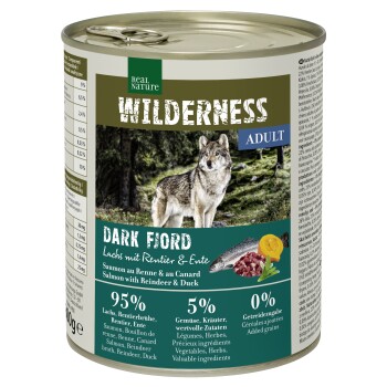 REAL NATURE WILDERNESS Nassfutter für Hunde Adult Dark Fjord Lachs mit Rentier & Ente 24x800 g