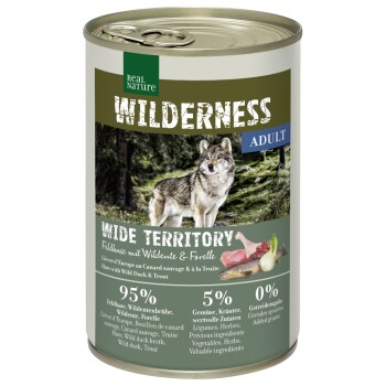 REAL NATURE WILDERNESS Nassfutter für Hunde Adult Wide Territory Feldhase mit Wildente und Forelle 12x400 g