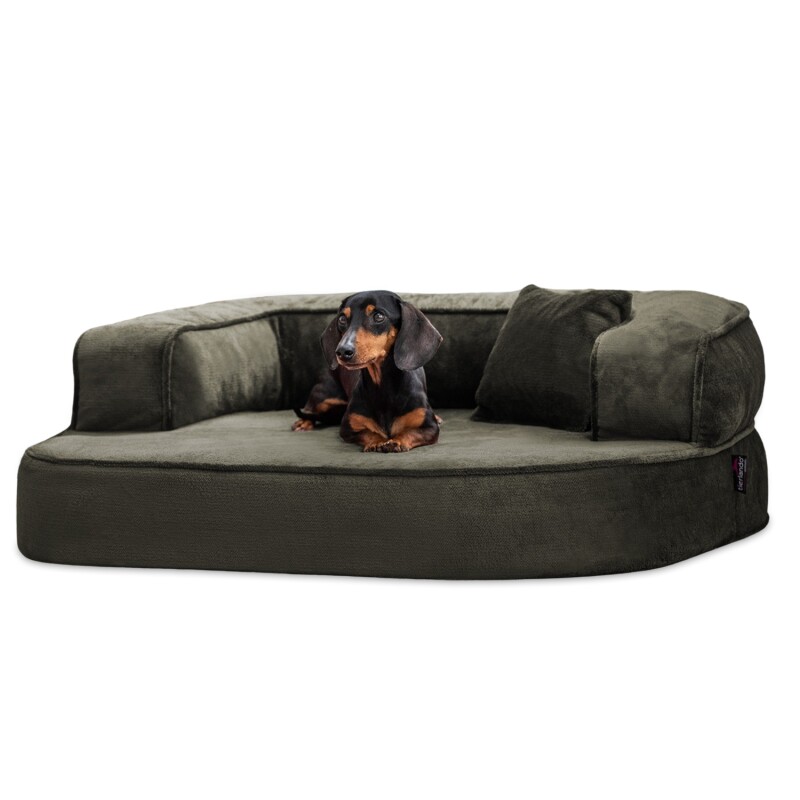 Tierlando ® SHARLEEN VISCO PLUS - Orthopädisches Hundesofa mit kuscheligem Teddystoff dunkles olivgrün 1 m