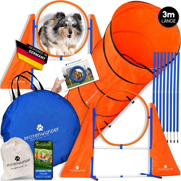 PfotenWunder® XXL-Profi-Agility Set Hunde Groß + 3 M-Tunnel + 21 Min. HUNDESCHULE - 6 Slalomstangen