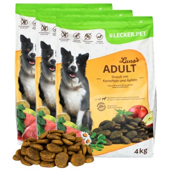 Lyra Pet Lecker.Pet Luna's Adult Strauß mit Kartoffel & Apfel Hundefutter Trockenfutter Vollnahrung 12 kg