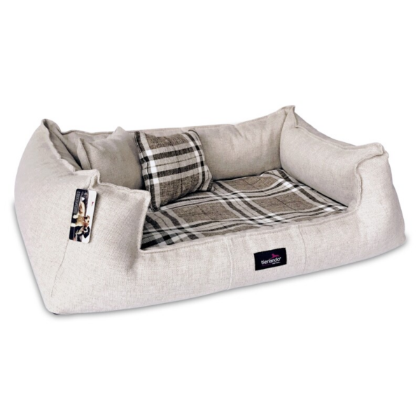 Tierlando ® Orthopädisches Hundebett SCOTCH VISCO 2-in-1-Bezug Webstoff Mélange kariert beige 90 cm